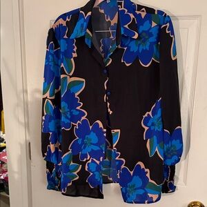 NWOT Women’s Small Floral Button-Up Blouse Royal blue, black gorgeous